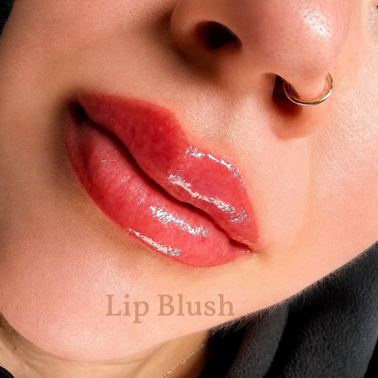 Close-up of freshly applied pink lip blush tattoo with a glossy finish on a woman with a nose ring.