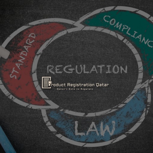 Product Registration Qatar Logo with Slogan Qatar's Gate to regulate with regulation, standard, law and compliance