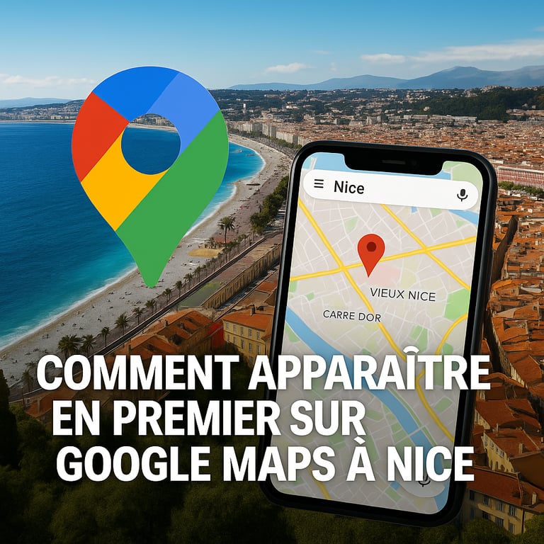 Google Maps affiché sur smartphone devant la ville de Nice, illustrant le référencement local.