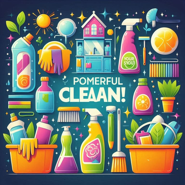 a colorful poster with a variety of cleaning products