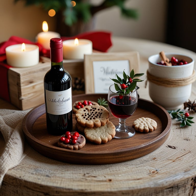 a wine glass with a bottle of wine and cookies
