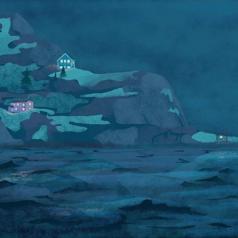 cover illustration of houses on the distant shore of the sea at night