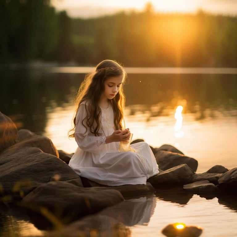 niña mirando su mano sentada en piedras pantano  