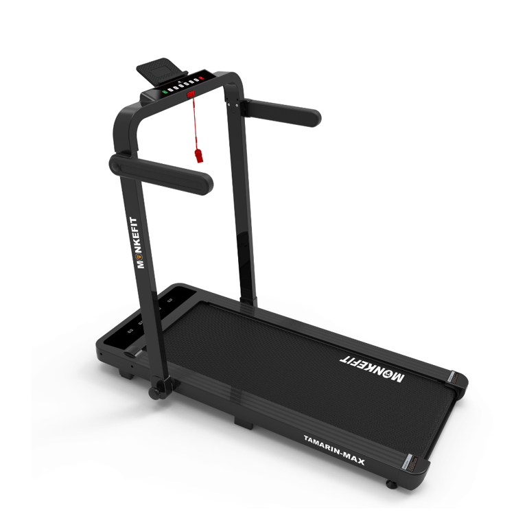 Black MonkeFit Tamarin-Max folding treadmill with digital display for home gym cardio workouts.