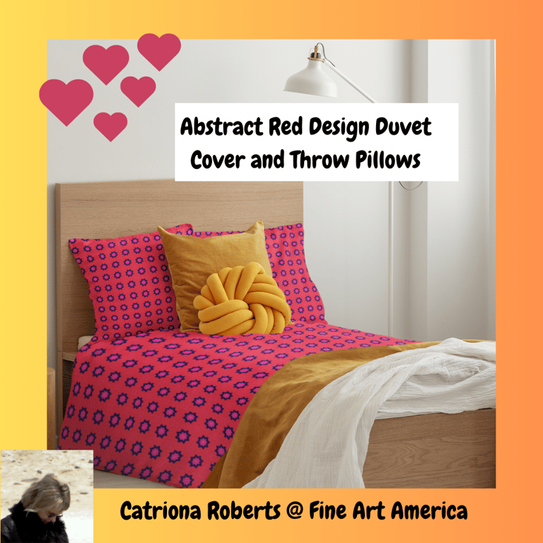 Bed with bedding on it duvet cover and throw pillows featuring Abstract Red Design