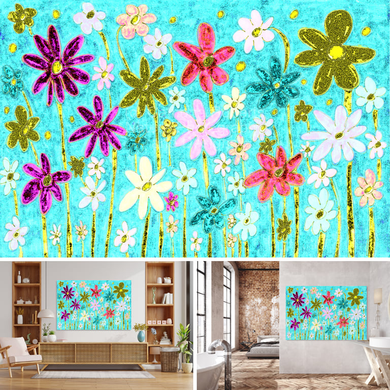 Floral design shown on a canvas on wall above a unit and on a bathroom/bedroom wall 