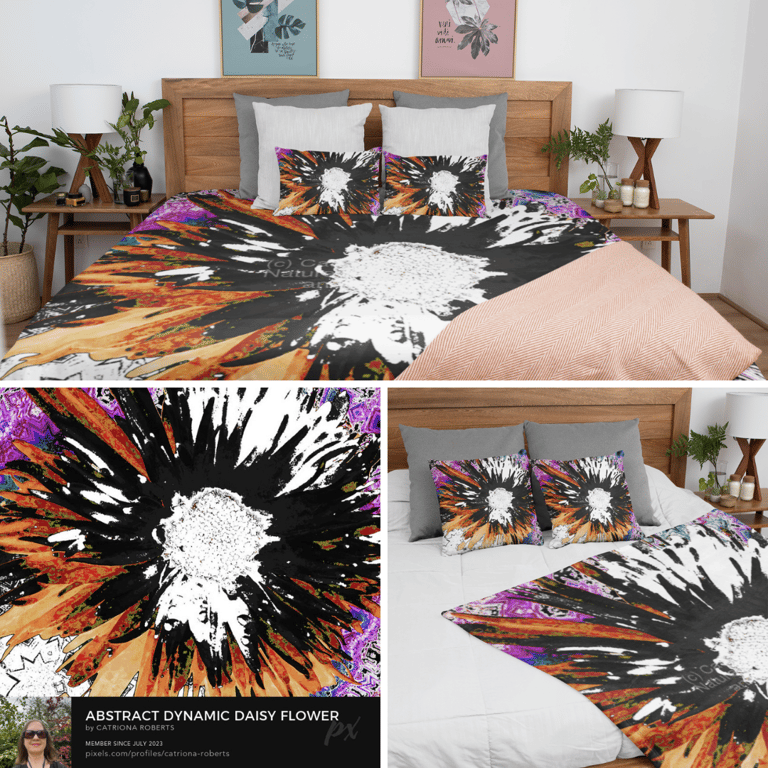 Above design on bedding below left daisy design below right blanket and pillows with design on them 