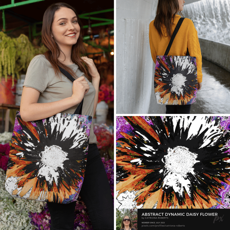model with tote bag left and upper right lower right daisy design itself 
