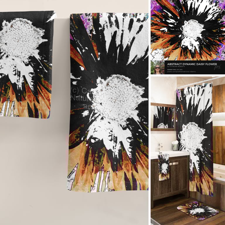 on left towels with design, above right design itself, below right shower curtain with design on it 