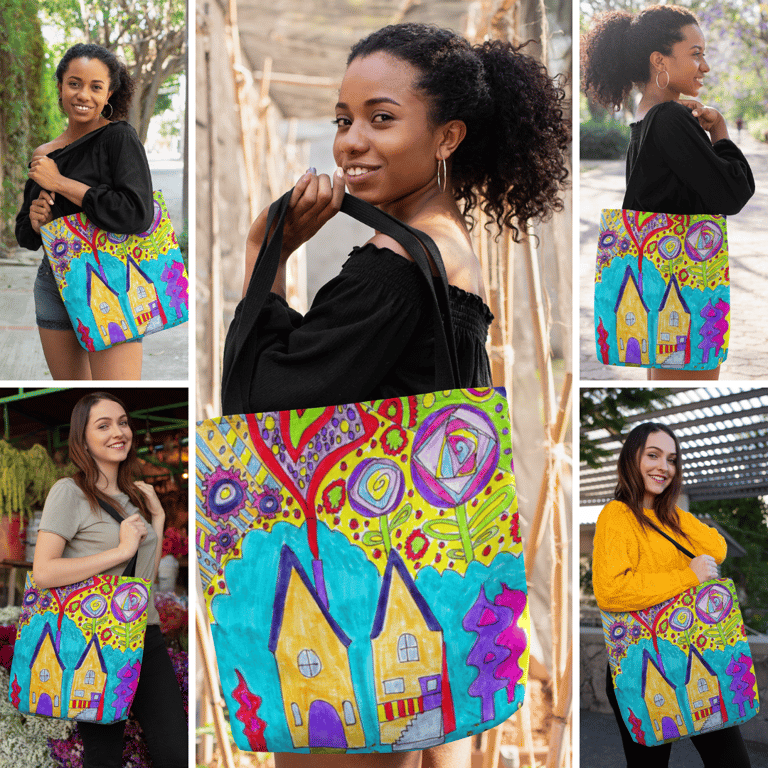 5 photos showing models holding a tote bag