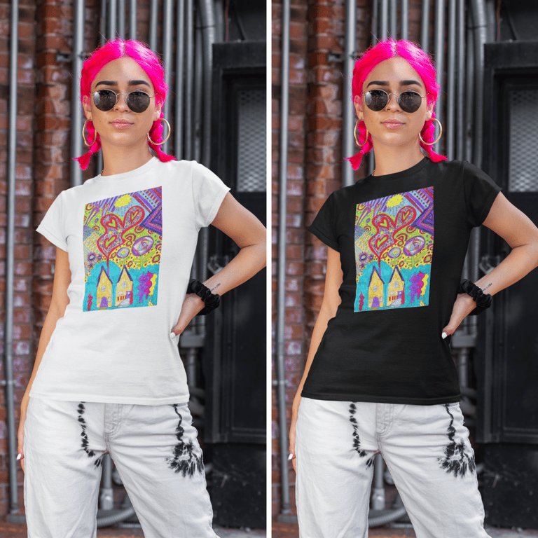 female model wearing a t shirt in white and in black