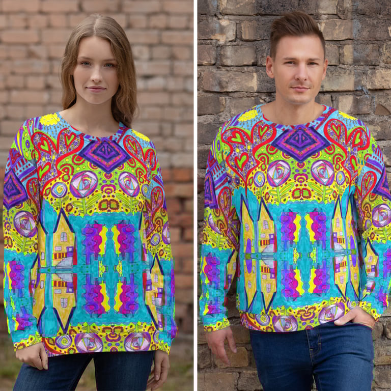 Image of a woman and man wearing the same unisex sweatshirt