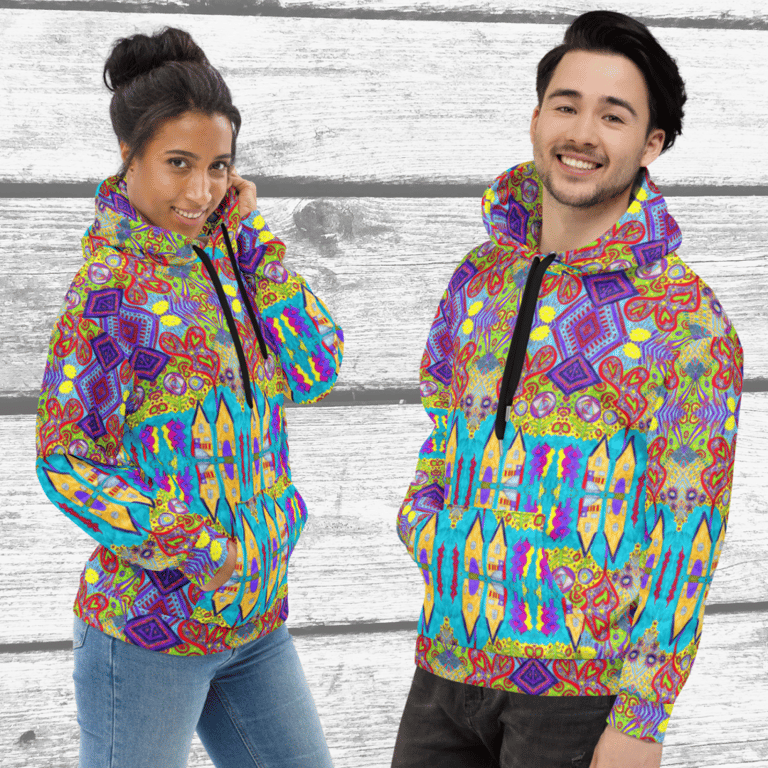 Female and Male model standing beside each other wearing same design of unisex hoodie 