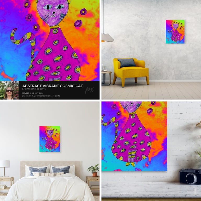 cat on canvas print on a wall beside a chair, above a bed and kitchen unit