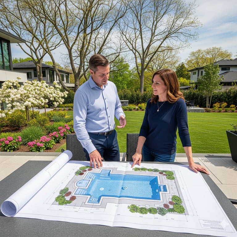 Two landscape designers reviewing a swimming pool blueprint on a patio for a luxury backyard renovation project.