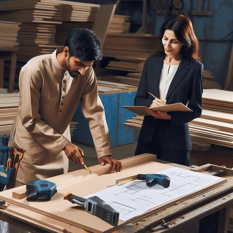 Akshay Ply's employee who is an interior designer is supervising the carpenters work