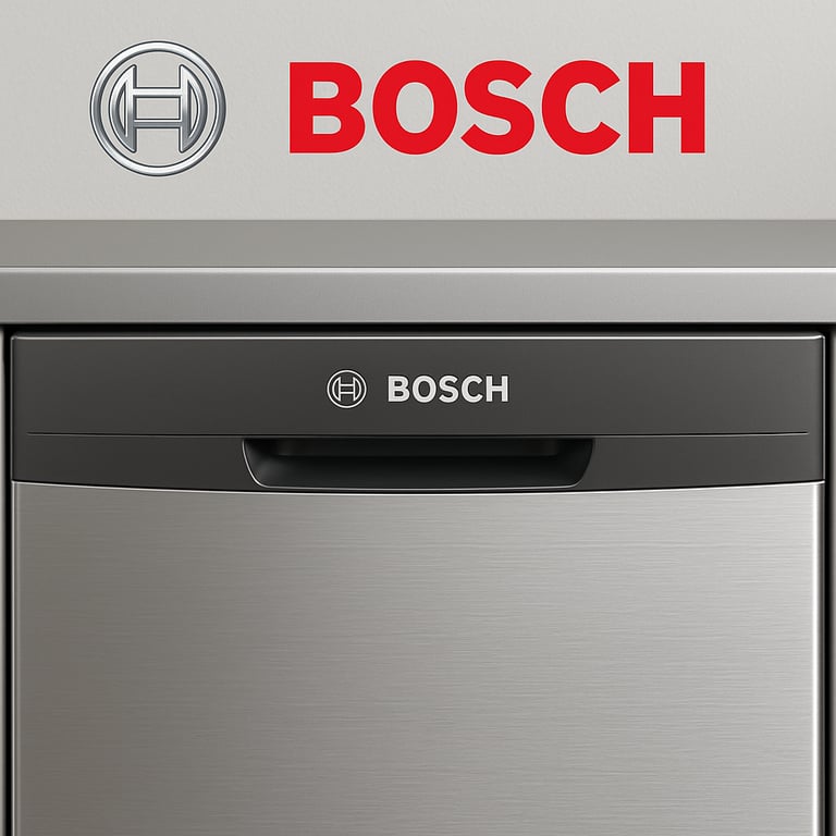 Close-up image of a stainless steel Bosch dishwasher with the Bosch logo prominently displayed 