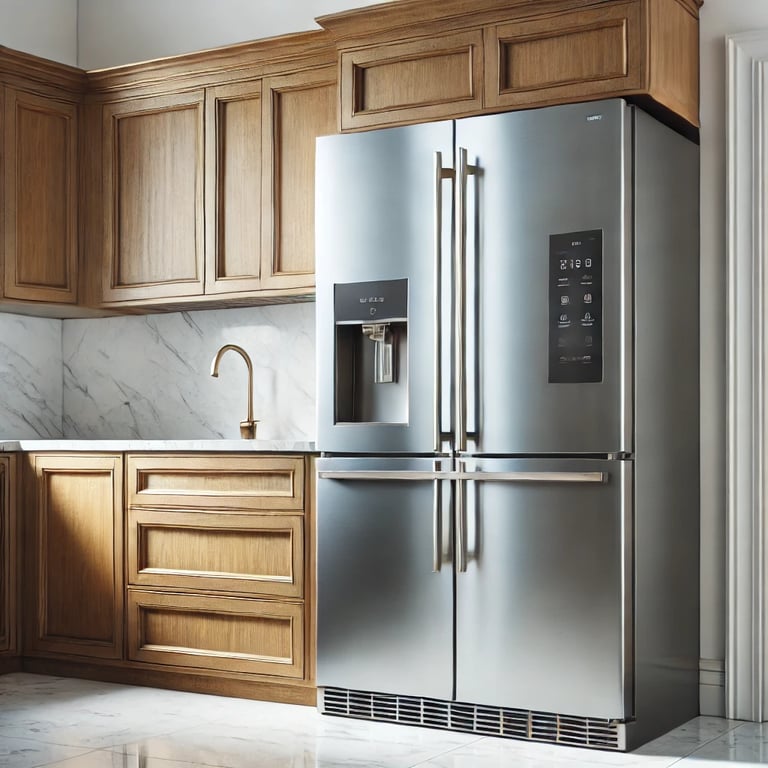 a kitchen with a refrigerator in Kanata