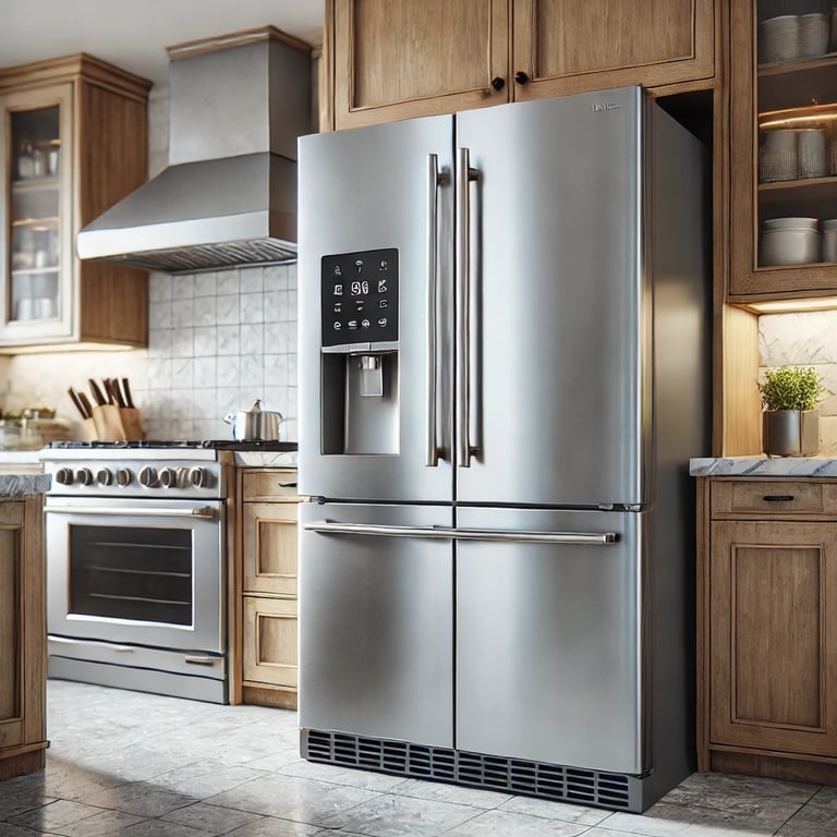a kitchen with a stainless steel refrigerator