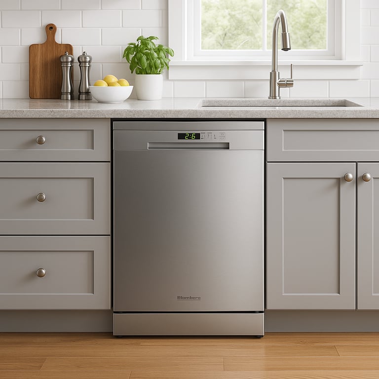Blomberg dishwasher installed in a modern kitchen with gray cabinets and a white tile backsplash.