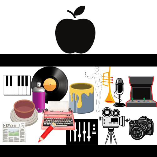 Cartoons show an apple crushing tools of creativity: a piano, a record, spray paint, a trumpet, etc.