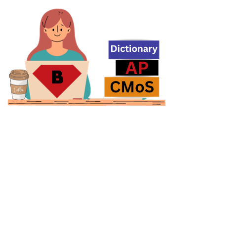 Cartoon of a redhead at a desk with editing books, coffee, and laptop