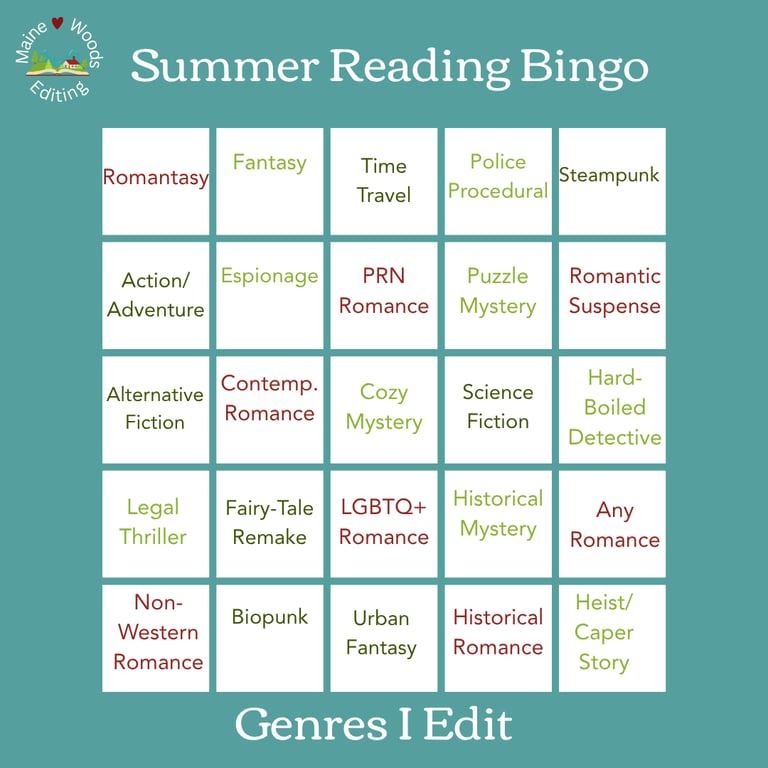 MWE's summer reading bingo sheet. Genres I edit is the theme.