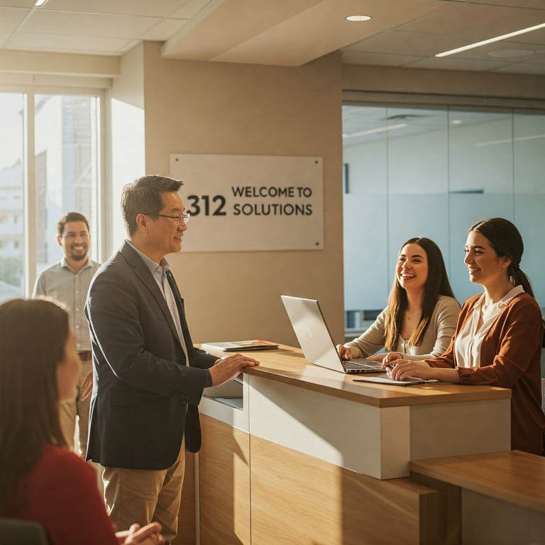 a man and woman standing in front of a reception desk