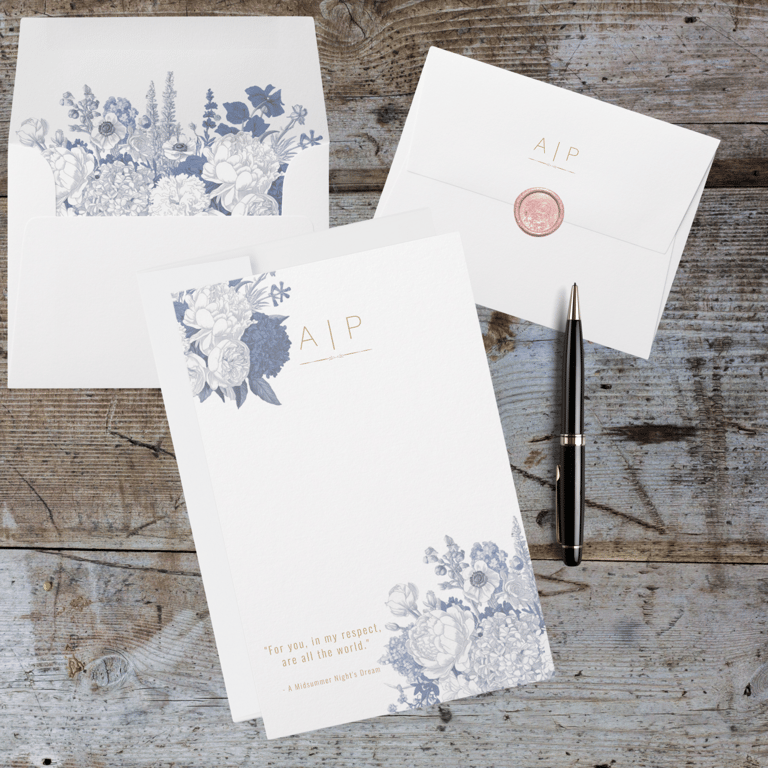 Monogram floral stationery in blue