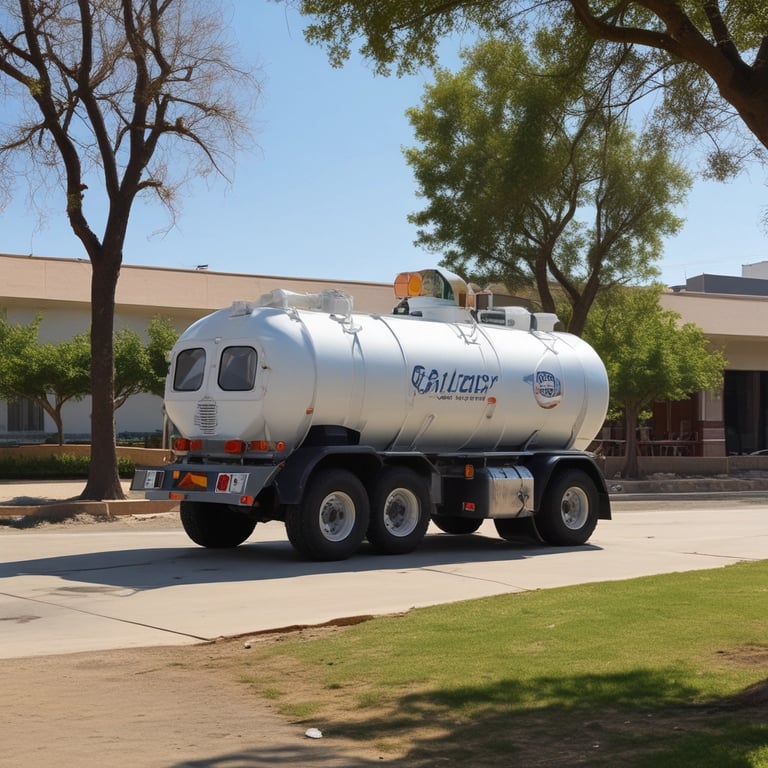 A large white tanker truck with multiple trailers is parked in an industrial area. The truck displays the logo of a company named ALE and carries a label indicating quality control. The surrounding area includes large cylindrical storage tanks and various industrial structures. The sky is bright with patches of clouds, suggesting clear weather.