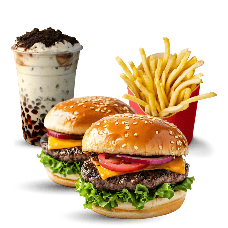 a burger, fries and milktea display for food delivery service