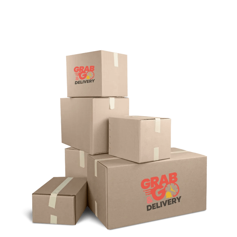 a stack of boxes with a Grab and Go Delivery logo on it