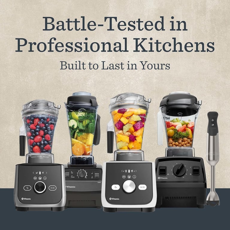 a group of Vitamix blenders with the words battle tested in the middle of the image