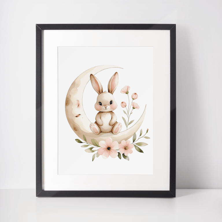 Framed nursery wall art mockup showing a watercolor bunny sitting on a crescent moon with blush flow