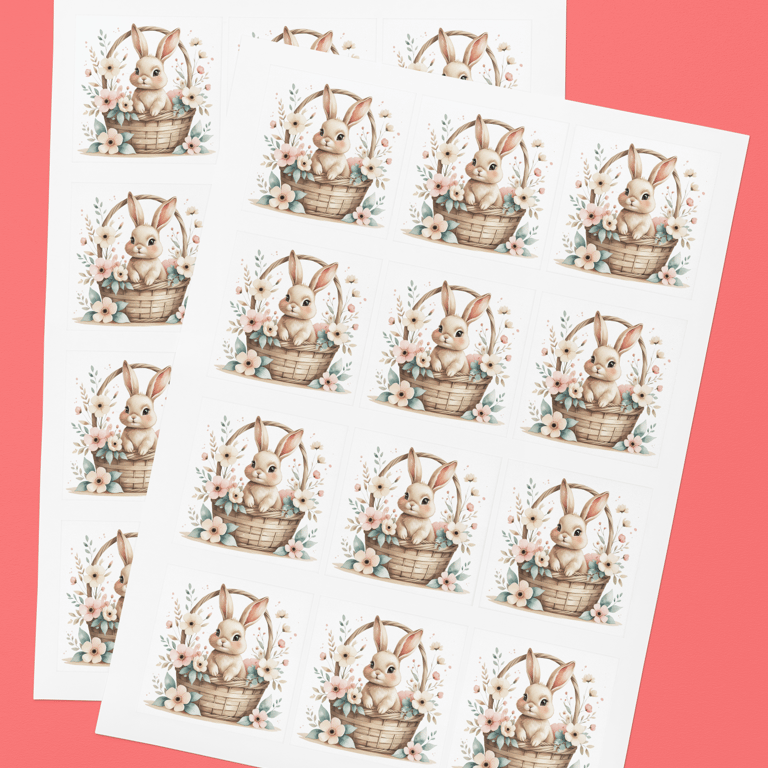 Printable sticker sheet with free bunny PNGs.