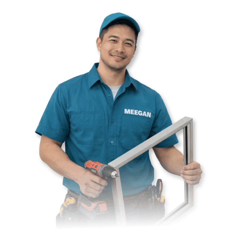 a professional glass fabricator and installer in a blue shirt holding an aluminum window frame