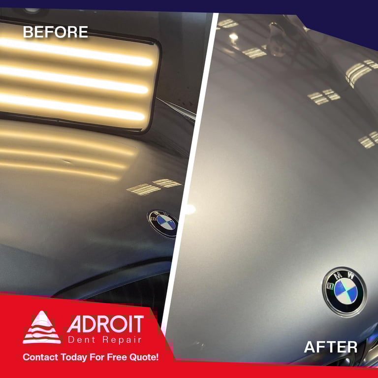 Hood dent on BMW 550i, aluminium panel