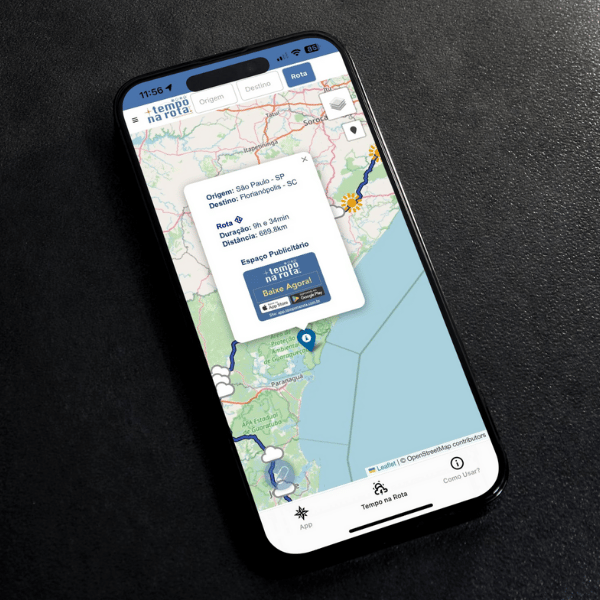 um celular que mostra um mapa com informações da rota