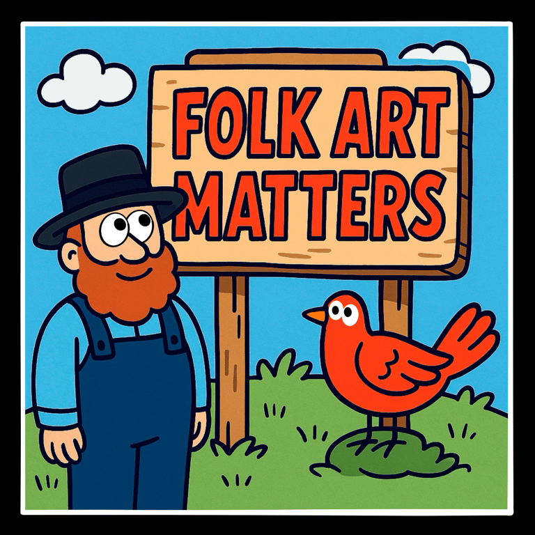 Cartoon style Quaker farmer beside a sign that says Folk Art Matters. Chicken near the sign.