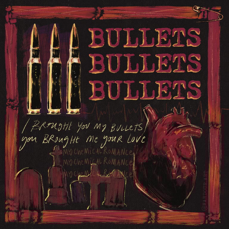 An illustration of bullets, a human heart and gravestones, text says, 'i brought you my bullets you brought me your love'.