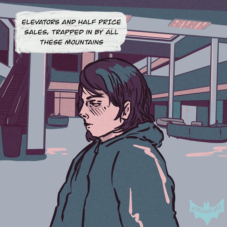 A comic panel with an androgynous person walking through an empty shopping mall, text says 'elevators and half price sales'.