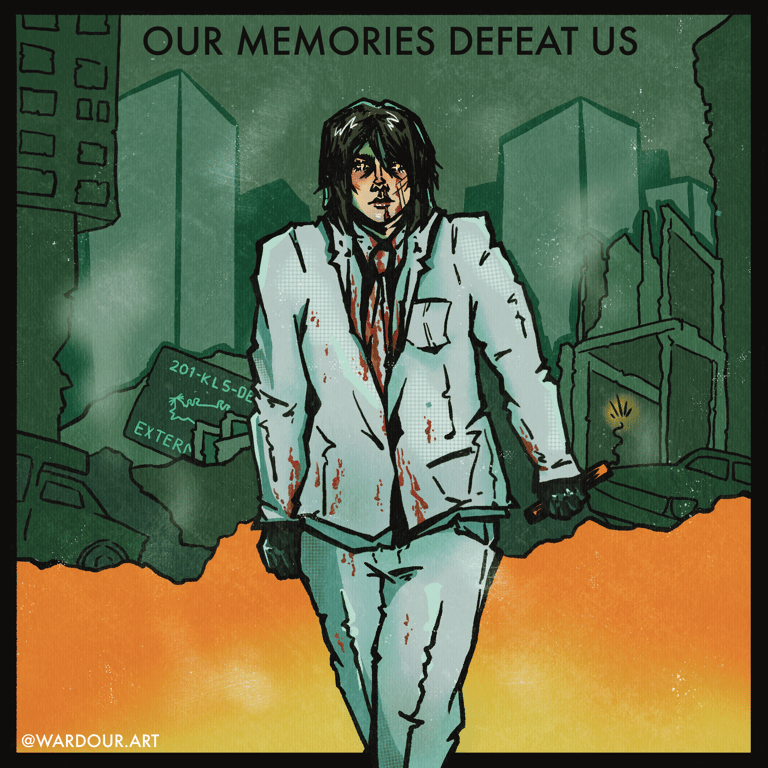 A comic-style illustration of Gerard Way in a bloody white suit, crumbling city behind, text says 'our memories defeat us'.