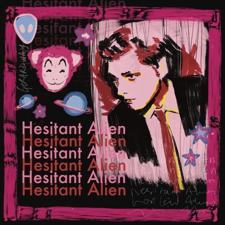 An illustration of Gerard Way with stars, planets, and a pink monkey, text says 'Hesitant Alien'.
