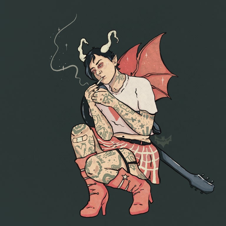 An illustration of an androgynous tiefling humanoid, with horns, batwings, wearing a skirt, tattooed, crouching to smoke.