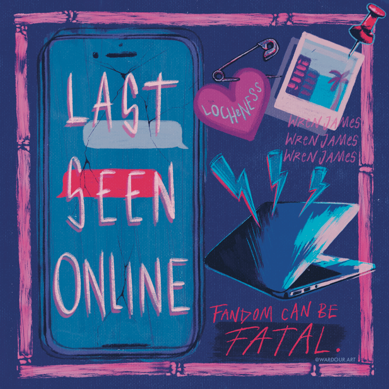 An illustration of a cracked smartphone, a laptop and a polaroid of a beach. Text says, 'last seen online, Wren James'.