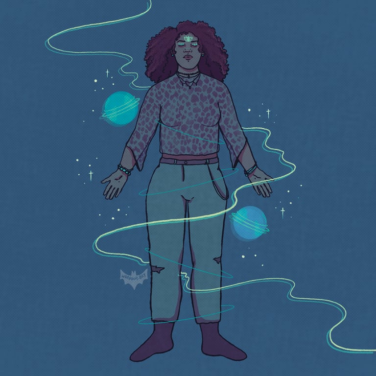 An illustration of a black woman with shoulder-length natural hair, a third eye on her forehead, surrounded by planets.