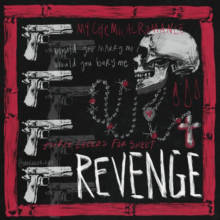 An illustration of revolvers, a skull and a rosary, text says 'three cheers for sweet revenge, my chemical romance'.