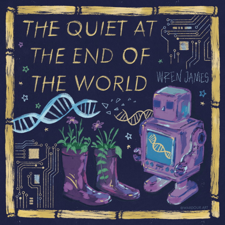 An illustration of a toy robot, & welly boots with plants, text says, 'the quiet at the end of the world, Wren James'. 