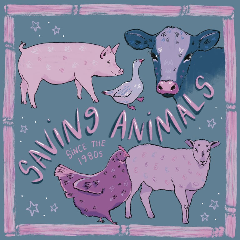 An illustration of a pig, a goose, a cow, chicken and sheep, text says, 'saving animals since the 1980s'.