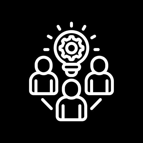 An icon of three people with a lightbulb above, signifying teamwork and innovative solutions.